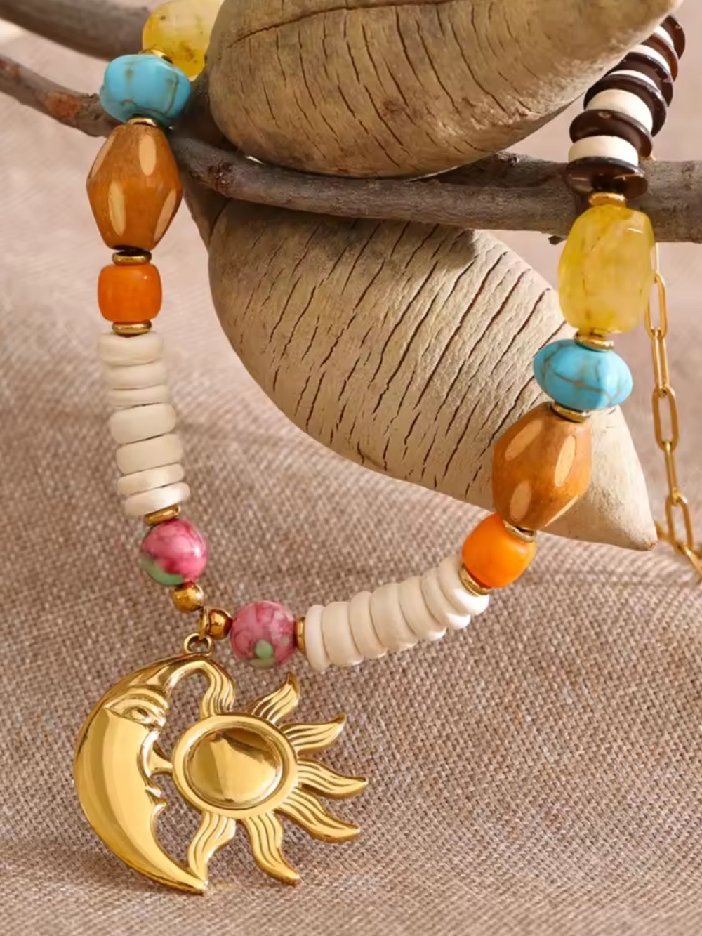 Celestial Sun Moon Gold Beaded Necklace - Picture 8 of 17